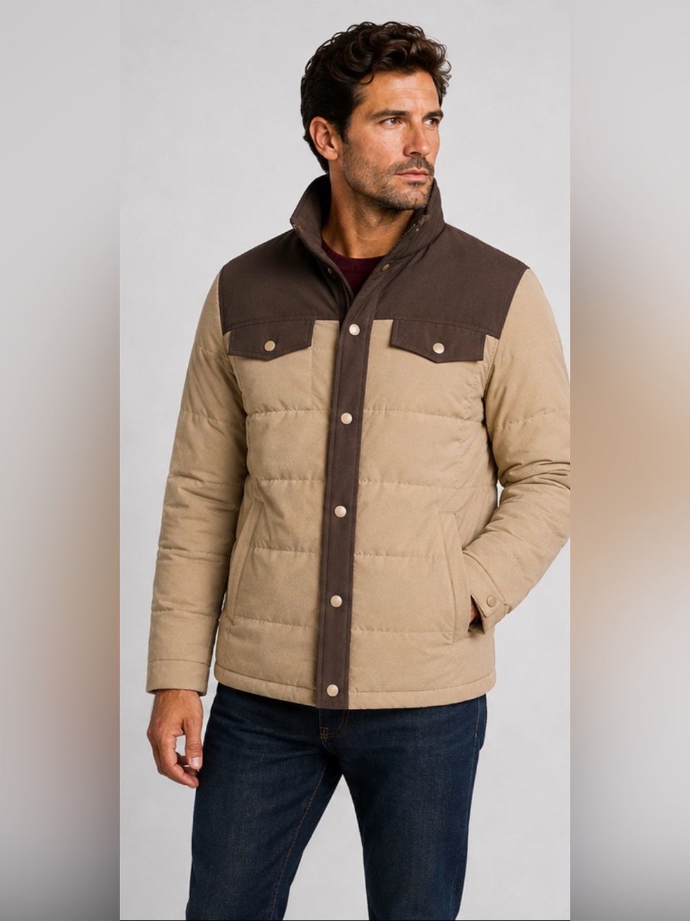 LandsEnd Mens Quilted Stretch Down Jacket Khaki/Brown 34 to 9 Degrees Temps